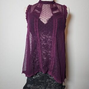 Free‎ People Sleeveless Top Burgundy Sheer Lace Fairy High Neck Sz S